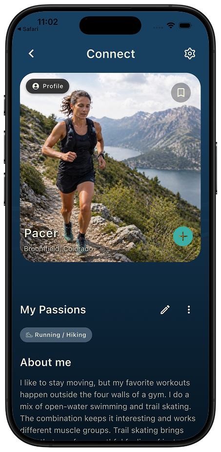 Adventurer profile in Connect showing passions like backpacking, hiking, and gravel riding